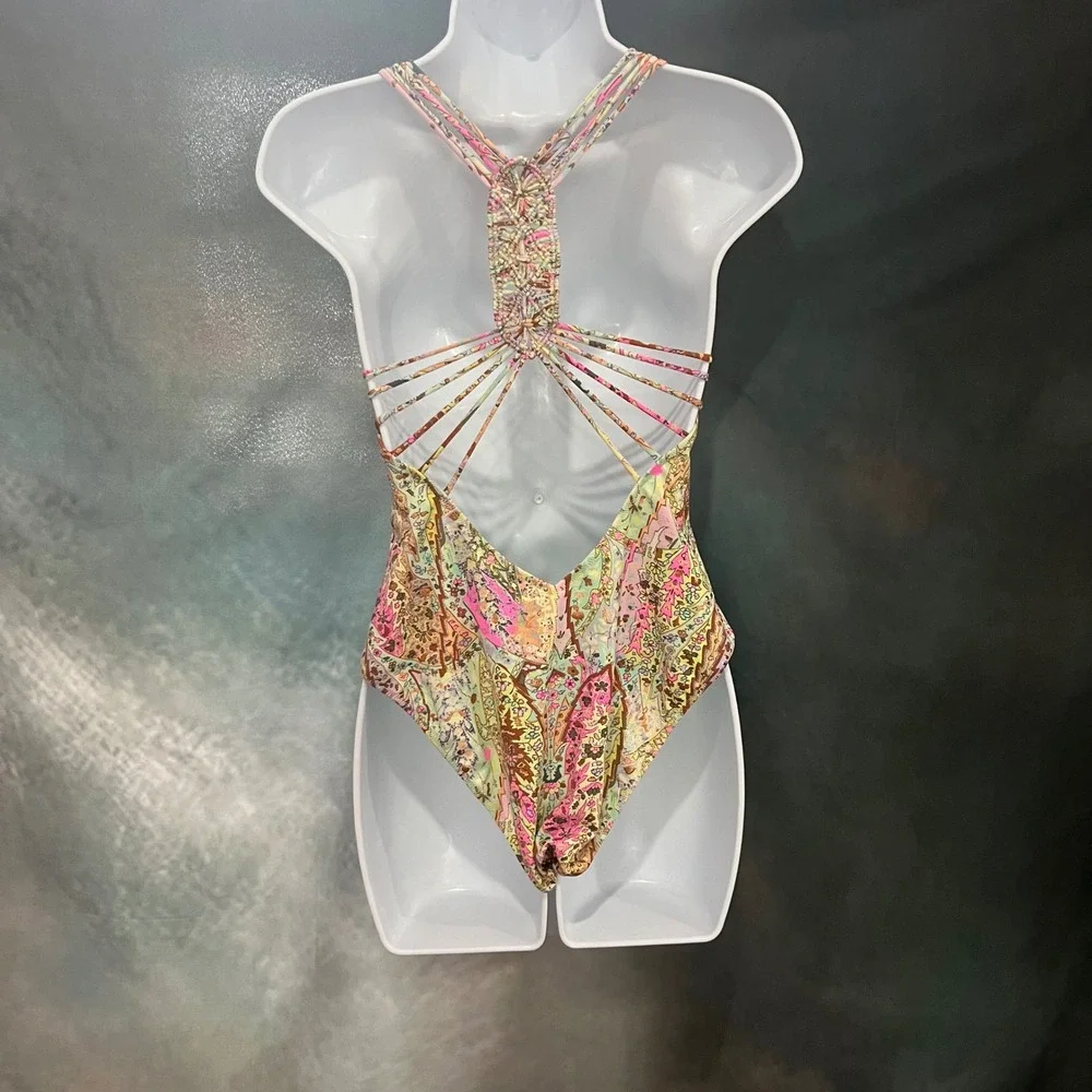 Victorias Secret‎ Paisley Strappy Back One Piece Swimsuit Pink Mint Gold Medium